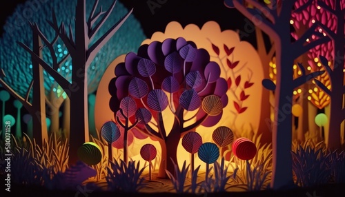 Three-Dimensional Harmony of the Sunset Forest: A Papercraft Illustration, Generative AI