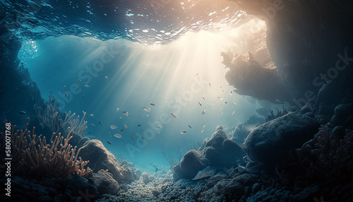 Underwater ocean in sunlight. Generative AI.