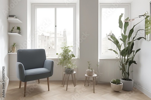 Stylish Armchair and Diffrent Potted Plants  Big Window  Minimalist Interior Design