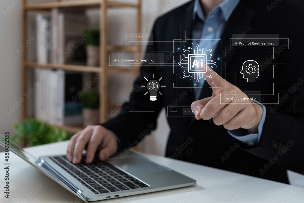Businessman using laptop chat with AI tech concept, connecting smart robot AI, enter command prompt for generate idea, prompt engineering, futuristic technology transformation, fast solve problem. Businessman using laptop chat with AI tech concept, connecting smart robot AI, enter command prompt for generate idea, prompt engineering, futuristic technology transformation, fast solve problem.