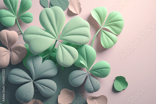 Shamrock leaves flat lay  St. Patrick day concept. AI generated image
