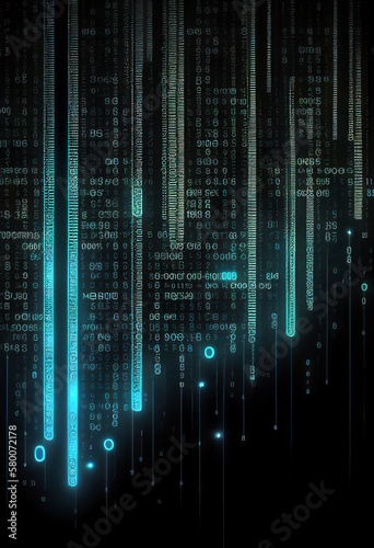 Binary computer matrix code data stream abstract background showing a coding transmission over the global internet network for cloud storage encryption, Generative AI stock illustration image