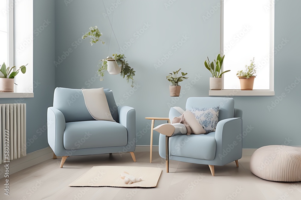 Stylish Armchair and Diffrent Potted Plants, Big Window, Minimalist Interior Design Stylish Armchair and Diffrent Potted Plants, Big Window, Minimalist Interior Design