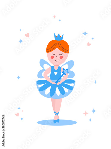 Beautiful, lovely, little ballerina girl with red hair and magic wand. Flat vector illustration.