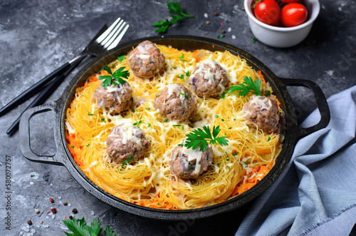 Pasta Nests with Meatballs and Tomato Sauce on a Plate, Freshly Cooked Pasta, Tasty Food