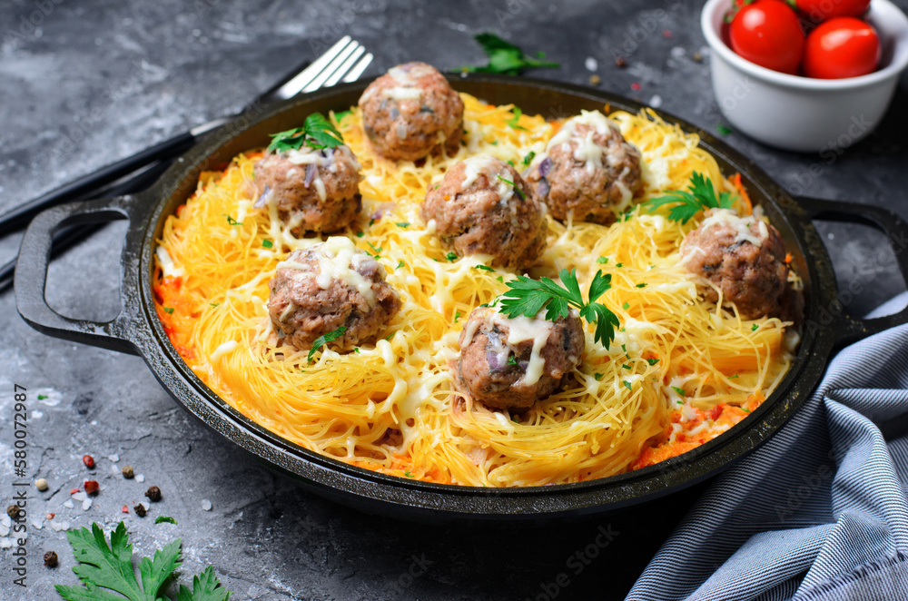 Pasta Nests with Meatballs and Tomato Sauce on a Plate, Freshly Cooked Pasta, Tasty Food Pasta Nests with Meatballs and Tomato Sauce on a Plate, Freshly Cooked Pasta, Tasty Food