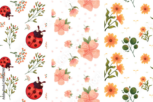 seamless pattern with ladybugs, floral pattrens set