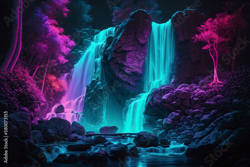 Digital art depicting a neon waterfall. Water illuminated by multicolored light. Generative AI.