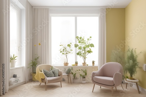 Stylish Armchair and Diffrent Potted Plants, Big Window, Minimalist Interior Design © Hadi Designs