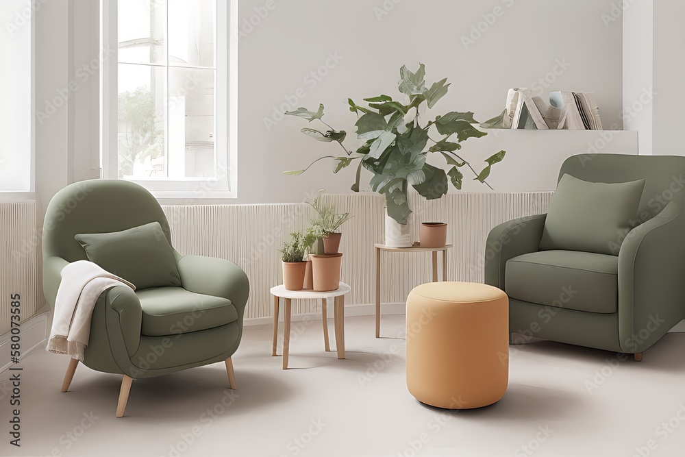 Stylish Armchair and Diffrent Potted Plants, Big Window, Minimalist Interior Design Stylish Armchair and Diffrent Potted Plants, Big Window, Minimalist Interior Design