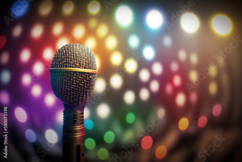 Microphone with bright colorful background. karaoke party. Illustration AI Ge...