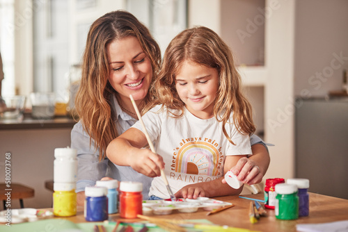 Mother, girl and painting art in house studio, home or creative space with brush, oil paint or palette. Happy smile mom, child or kid bonding in relax design or class activity for adhd or autism help
