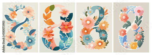 Set of backgrounds for the text Spring Festival cherry blossom, frame of stylized flowers. Set of backgrounds for women's day March 8.