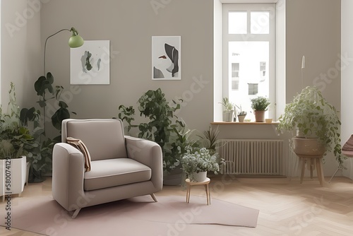 Stylish Armchair and Diffrent Potted Plants, Big Window, Minimalist Interior Design © Hadi Designs