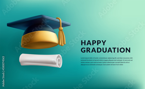 3d cute mortarboard for graduation cap graduate with certificate roll education with tosca background element