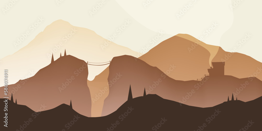 Landscape, a mountain range silhouettes. Minimalistic natural wallpapers in a flat style. Brown background. Vector illustration