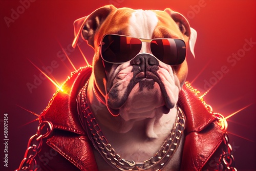 A bulldog is wearing a red jacket and sunglasses on a dark red background. Generative AI, Generative, AI © nonblok