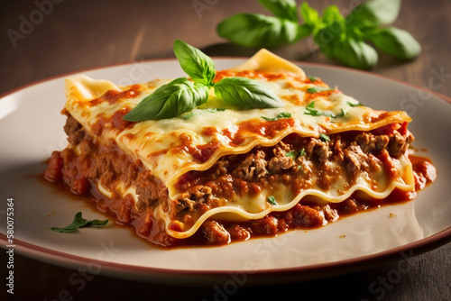Portion of succulent ground beef lasagne topped with melted cheese and garnished with fresh parsley served on a plate in a close up view for a menu. Image created with Generative AI technology