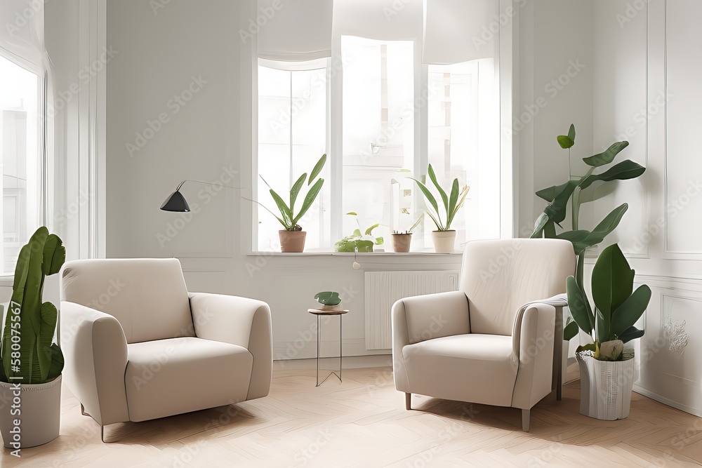 Stylish Armchair and Diffrent Potted Plants, Big Window, Minimalist Interior Design Stylish Armchair and Diffrent Potted Plants, Big Window, Minimalist Interior Design
