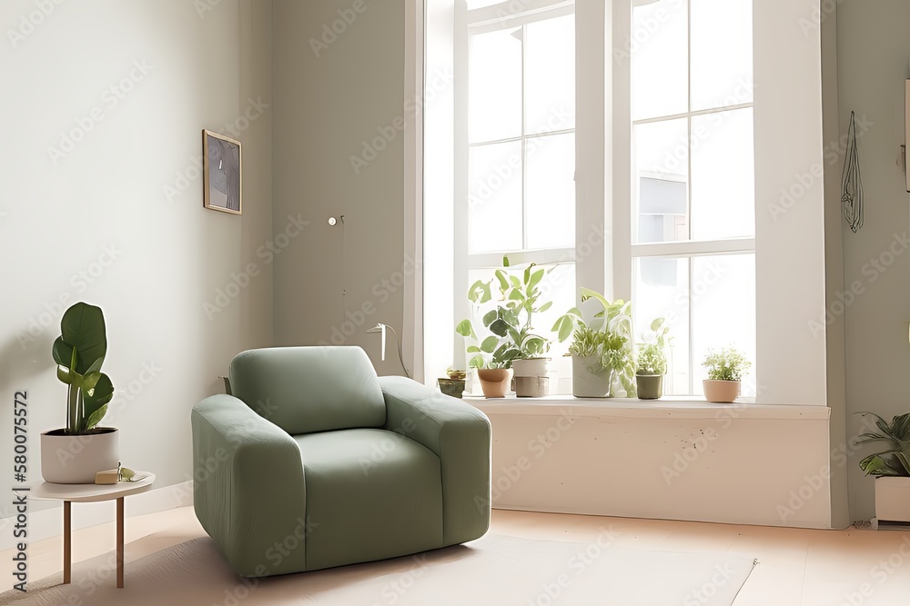 Stylish Armchair and Diffrent Potted Plants, Big Window, Minimalist Interior Design Stylish Armchair and Diffrent Potted Plants, Big Window, Minimalist Interior Design