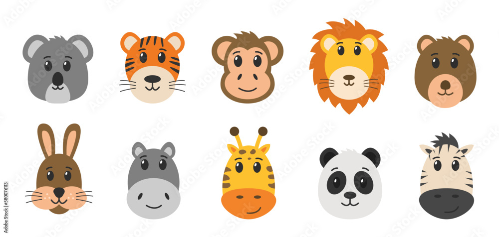 Cartoon wild animals. Set of animal heads. Flat style. Vector Cartoon wild animals. Set of animal heads. Flat style. Vector