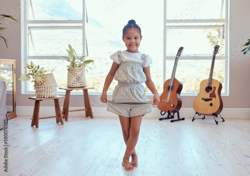 Canvastavla Girl, dance and ballet in home portrait for training, lesson or class in music r