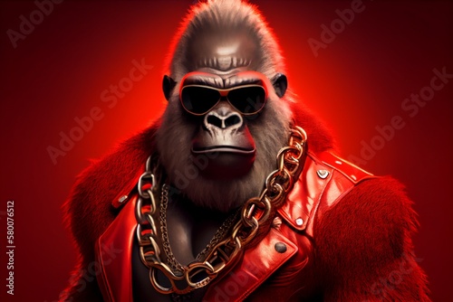 A king gorilla with sunglasses and a red jacket. Generative AI, Generative, AI