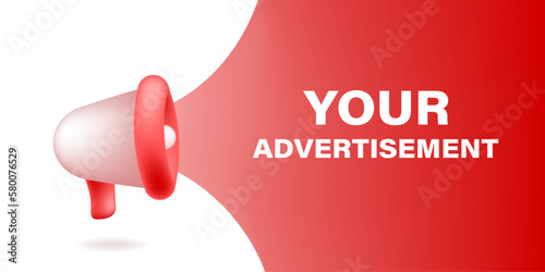 Megaphone 3d shape advertisement template. Loudspeaker advertising background. Modern vector illustration