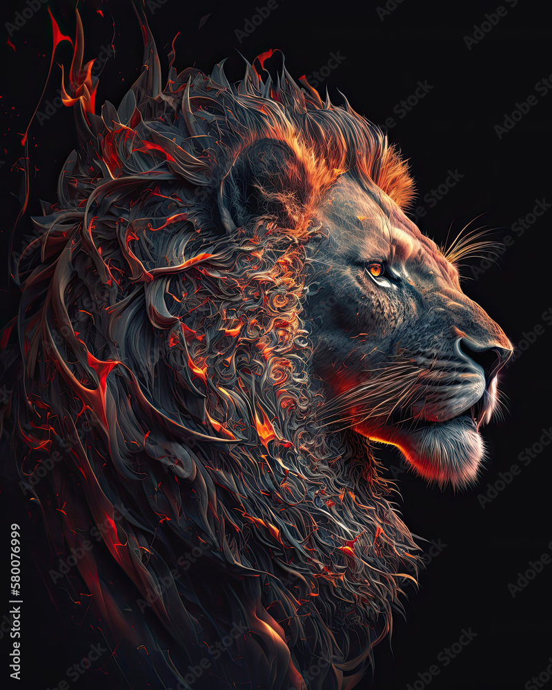 Generated photorealistic portrait of a fractal lion in fire and sparks