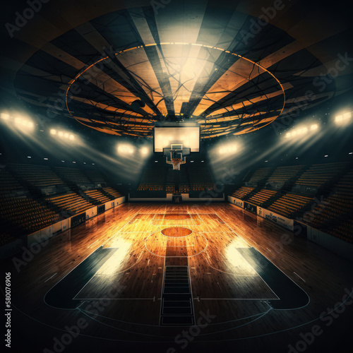 interior view of an illuminated basketball stadium. Illustration AI Generative © olegganko