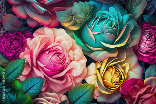 Abstract Background with Colorful Rose Flowers .AI generated Illustration.
