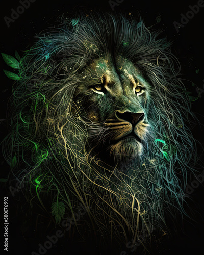 Generated photorealistic image of a lion s profile in green tones
