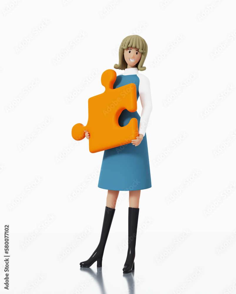 Young woman with puzzle piece on isolated on white background. 3D rendering illustration Young woman with puzzle piece on isolated on white background. 3D rendering illustration