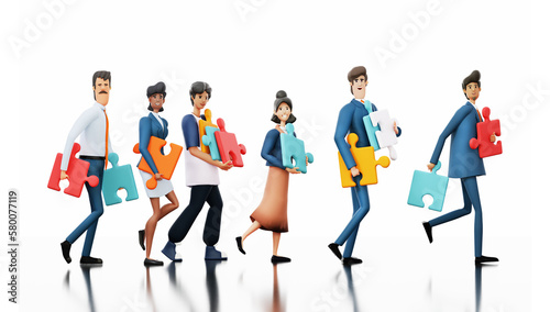 Successful happy people walking with puzzle pieces.  3D rendering illustration