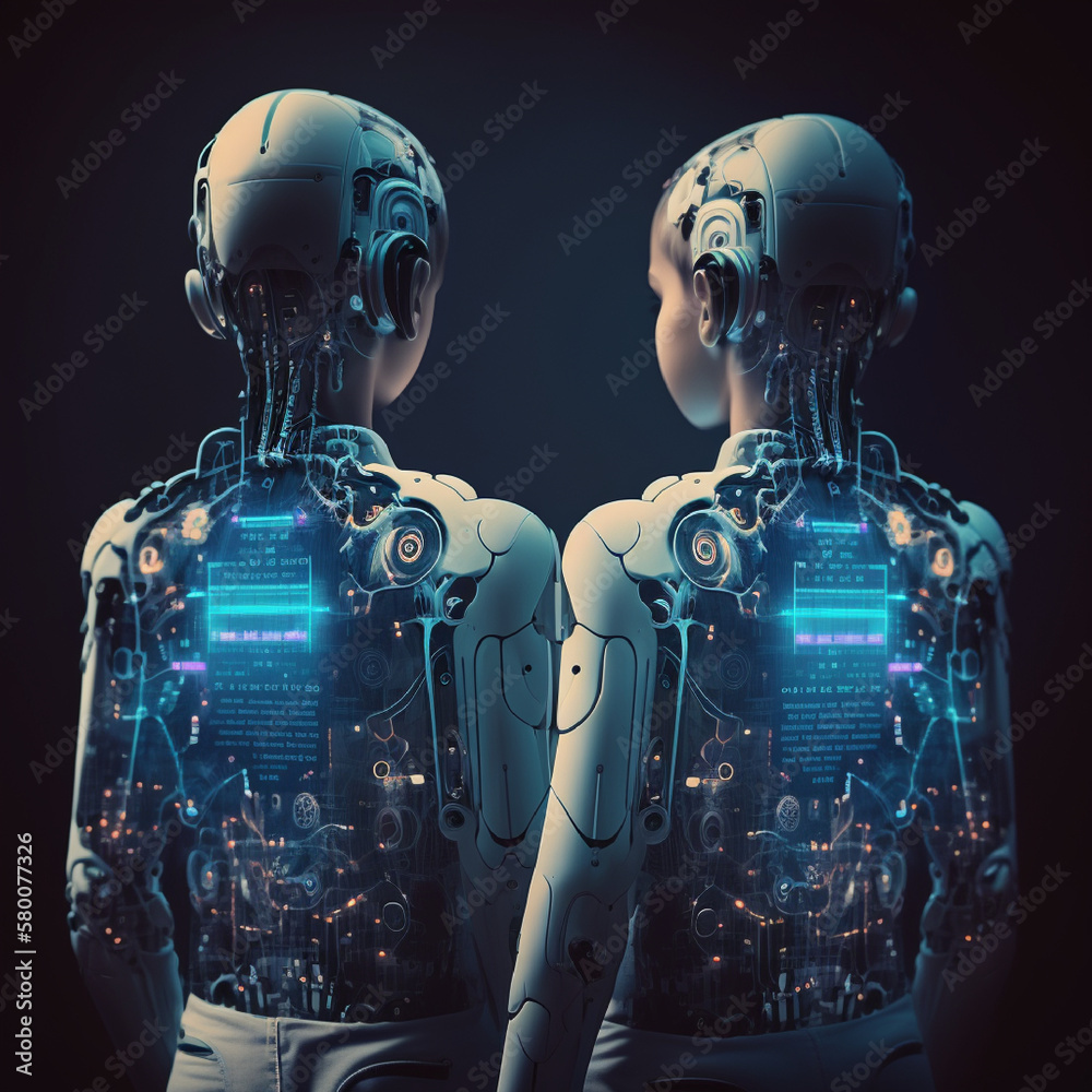 android robot with technology, Chatbot chat AI concept, artificial intelligence teenager body back view data, future technology changes by Generative AI android robot with technology, Chatbot chat AI concept, artificial intelligence teenager body back view data, future technology changes by Generative AI