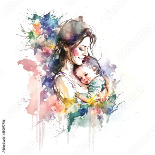 Mother hold baby , watercolor style , Generative Ai