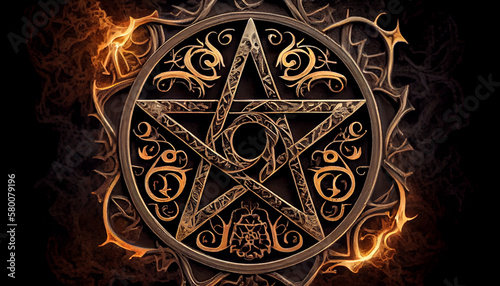 Black mass montage of occult Satanic pentagram materialising against a grunge texture background of alchemy symbols. photo
