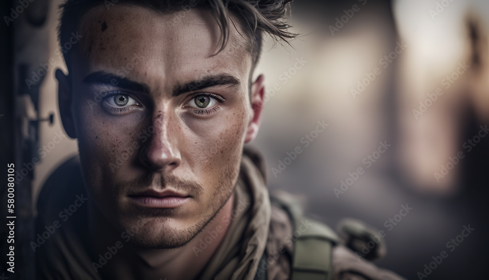 Soldier man portrait, blurred bokeh background. AI Generated