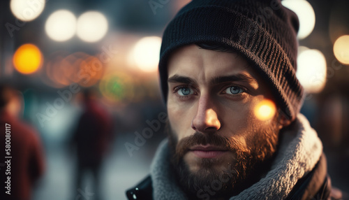 Young bearded man street portrait, blurred bokeh background. AI Generated