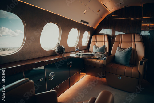 Interior of luxurious private jet with leather seats. Illustration AI Generative