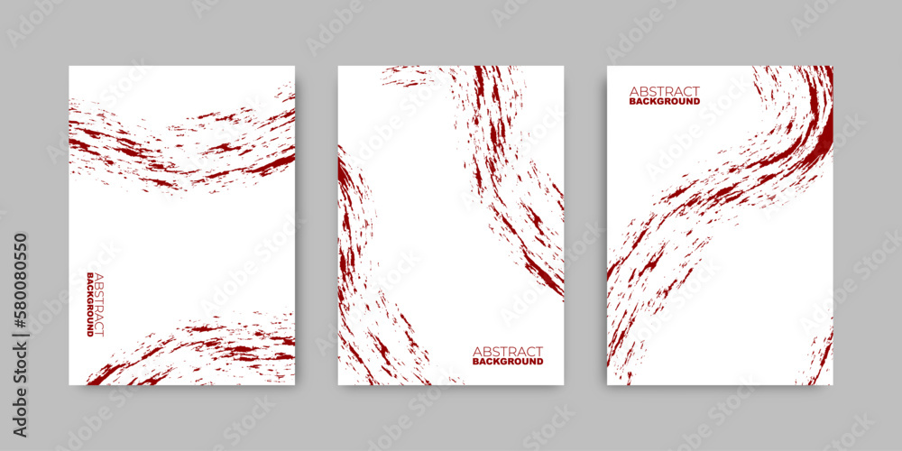 Blood splatter minimalistic white and red stain poster set. Bloodstain brush drawing artistic cover collection. Vector modern illustration