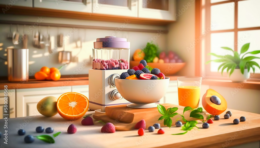 mixer of fruit orange juice and berry with salads dish breakfast on the wooden table in the modern kitchen, Generative ai mixer of fruit orange juice and berry with salads dish breakfast on the wooden table in the modern kitchen, Generative ai