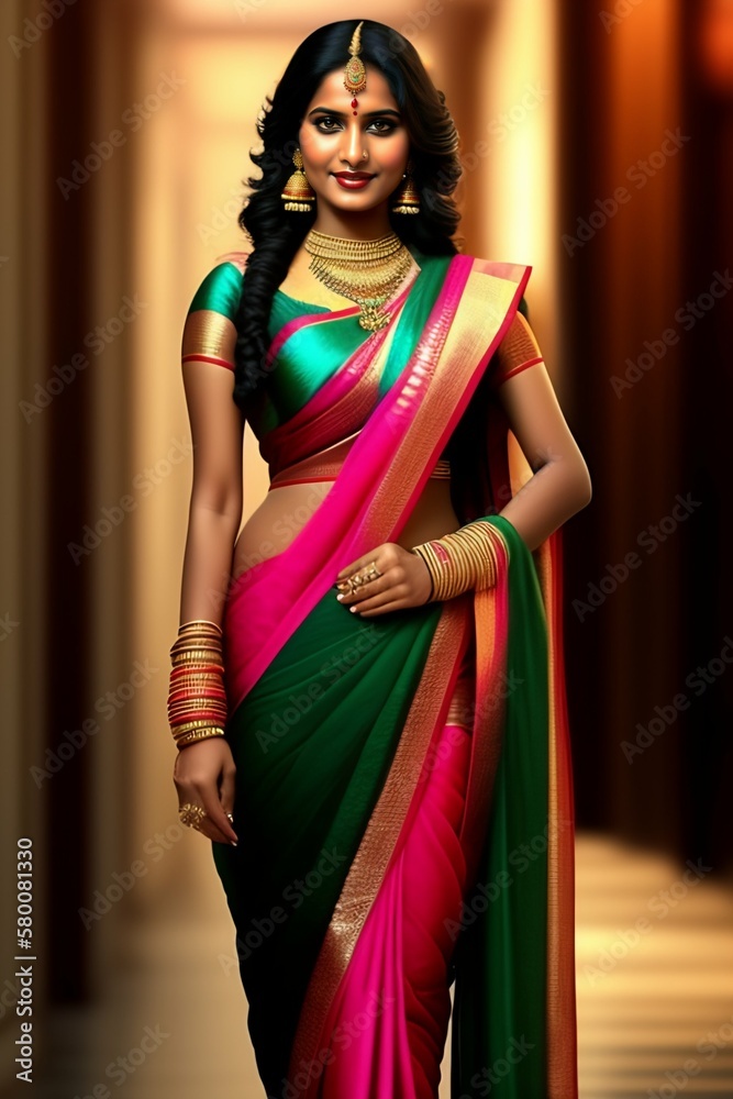young indian woman in a saree, massive downblouse, Full Body, Full HD resolution, Full Details