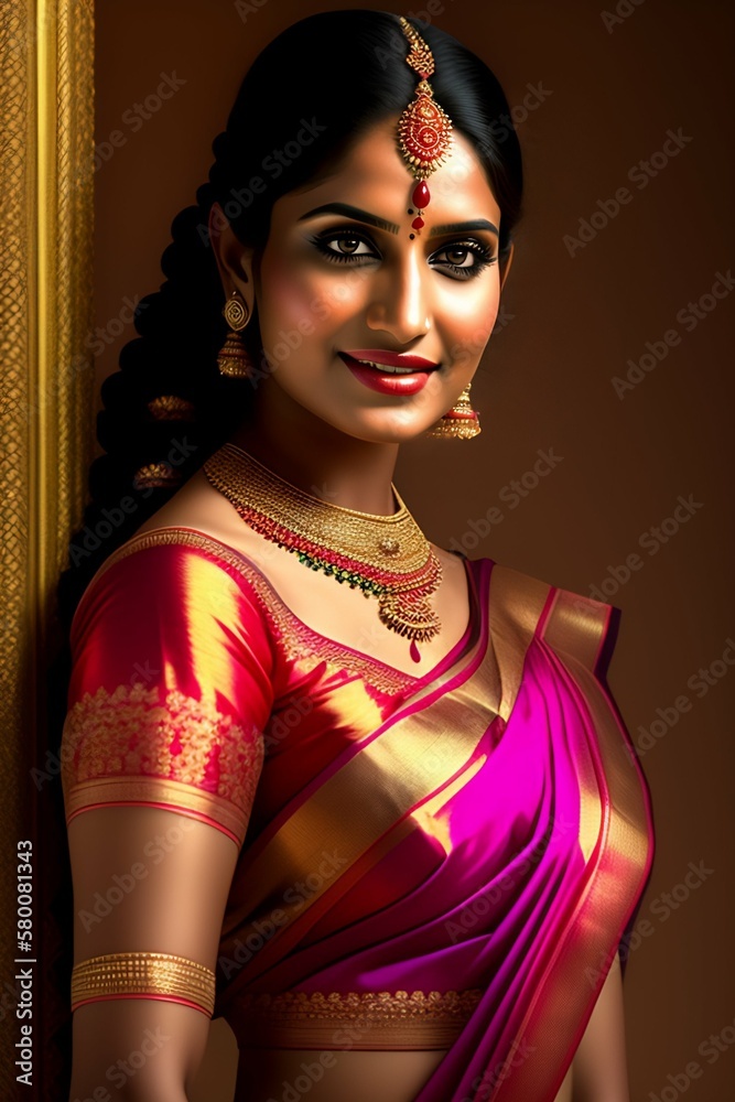 young indian woman in a saree, massive downblouse, Full Body, Full HD