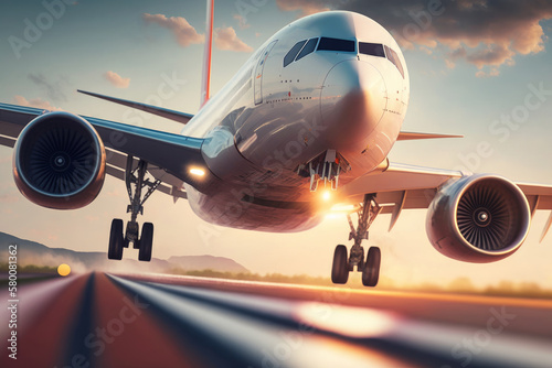 The plane takes off from the runway at the airport. Illustration AI Generative