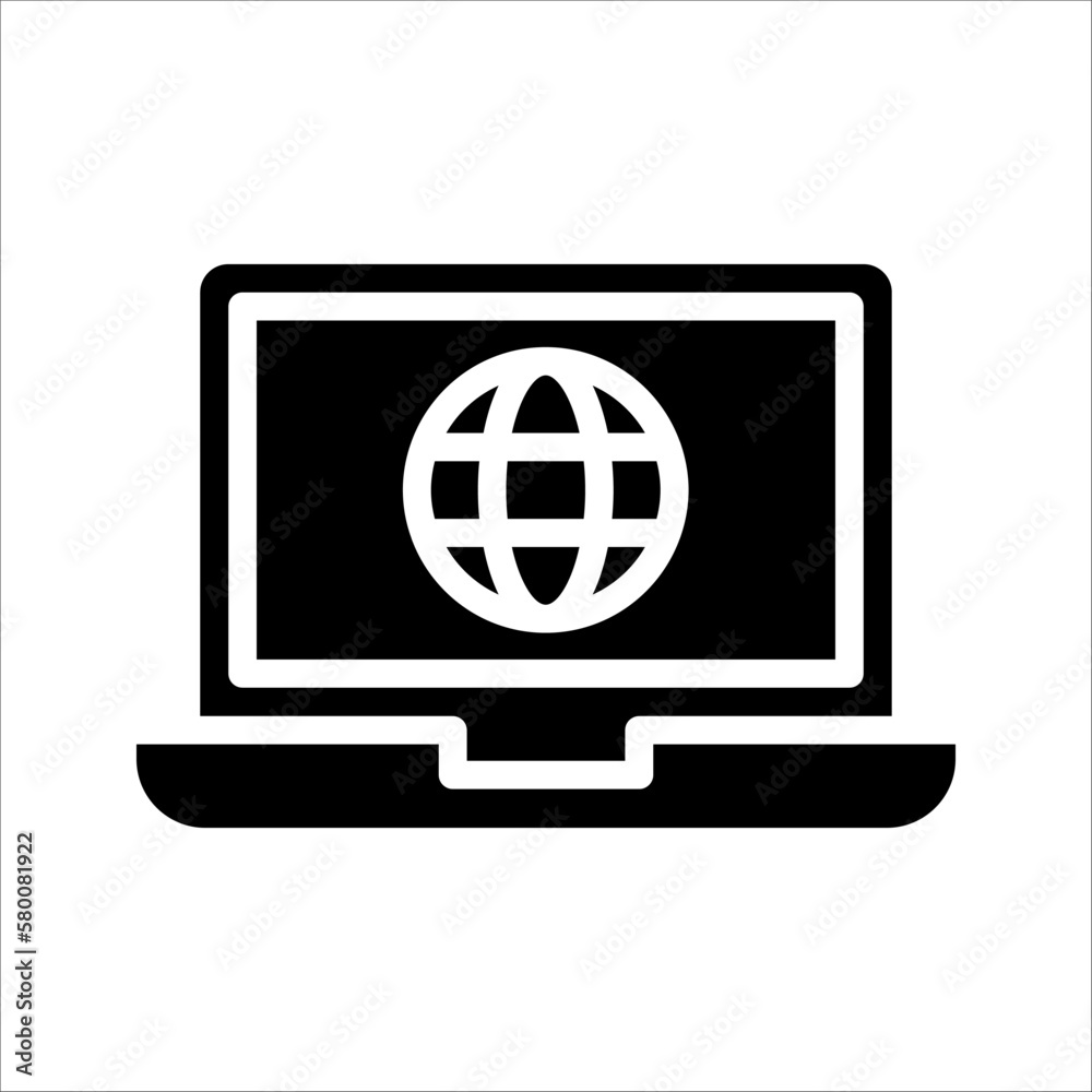 Laptop Globe Icon. Globe on screen of laptop icon. computer with globe sign. vector illustration on white background