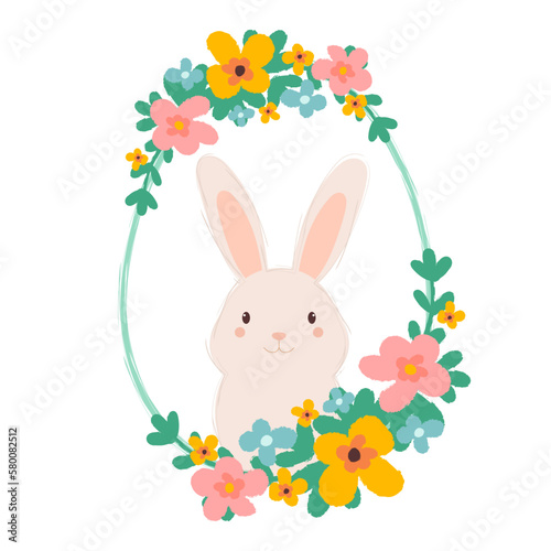 Easter bunny. Oval spring frame with flowers