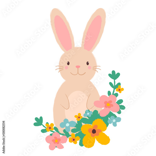 Easter bunny. Cute smiling rabbit with flowers on white background