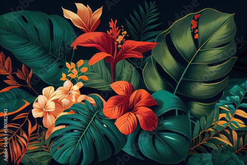 Tropical leaves and flowers pattern on a green background. Generative AI