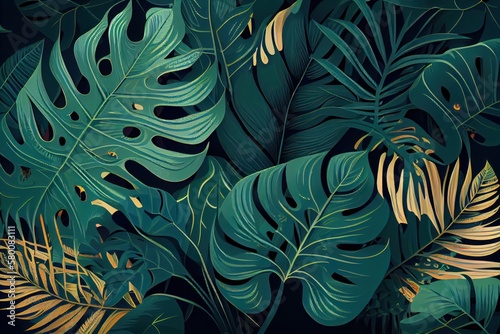 Tropical leaves pattern on a green background. Generative AI